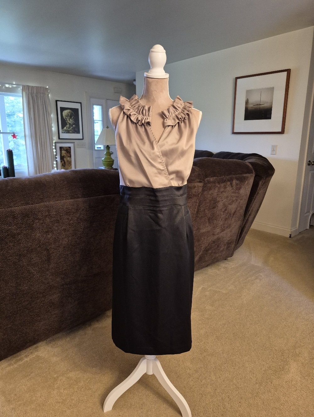 Dressbarn Collection Sleeveless Ruffle-Neck Two-Tone Sheath Dress Nude and Black